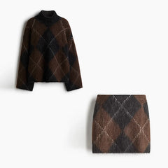 Women Printed Turtleneck Sweater | Set | Long Sleeve | Loose | Thick Knit Pullover | Mini Skirt | Fluffy