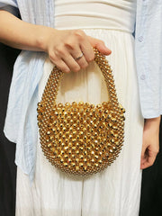 Women Hollow Hand-Made Metal Gold Beads Woven Handbag | Pearl Bag | Round Handbag