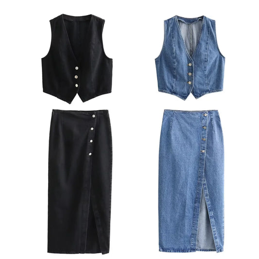 Women Denim V-Neck Vest | Denim Long Skirt | Denim Skirt and Vest Set