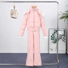 Women Pink Ski Wear Jumpsuit | Long Sleeve | Hoodie | Wide Leg Jumpsuit | Winter | Thick | Warm