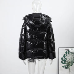Women Glossy Zipper Hooded Jacket | Windbreaker | Pleated | Short Jacket | Cotton