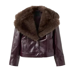 Women Patchwork Leather Jacket | Detachable Collar | Double Breasted | Winter