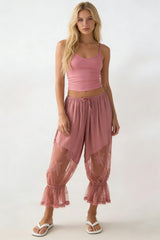 Women Loose Fit Bloomers Cropped Pants | High Waist | Floral Lace | Lantern Trousers