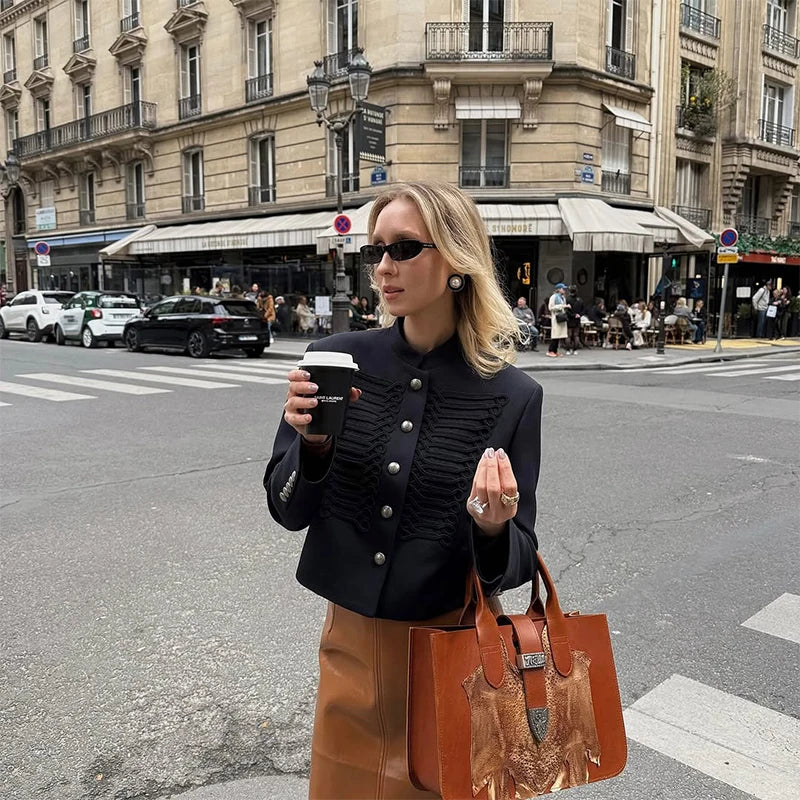 Women Napoleon Jacket | Elegant Office Short Coat | Stand Collar