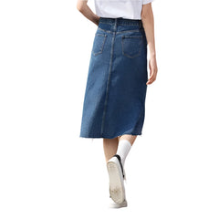 Women Long Denim Skirt | High Waist A-Line Denim Skirt with Slit