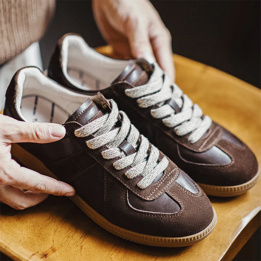 Men Classic Brown Spliced German Trainer Shoes | Flat Low-Top Sneakers | Casual Lace-up Shoes