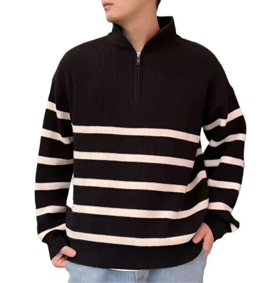 Men Black Half-Zip Sweater | Winter Striped Pullover | Warm Knit Sweater Top