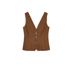 Women Brown Casual Pleated Pants | V Neck Vest Top | Set