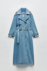 Women Vintage Denim Long Coat | Double Breasted | Winter Long Coat