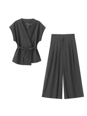 Women Sleeveless V-Neck Top With Belt Straight Pants Set | Top Trouser Suit | 2 Piece Set