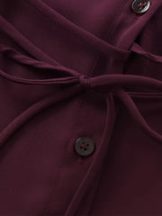 Women Burgundy Blouse | Lapel Bowknot Decorated Drape | Long Sleeve Slim Waist Shirt