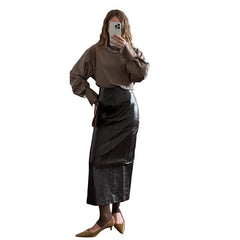 Woman Glossy Leather Two Piece Set | Leather Jacket | Straight Long Leather Skirt | Autumn | Stand Collar Zipper Jacket |