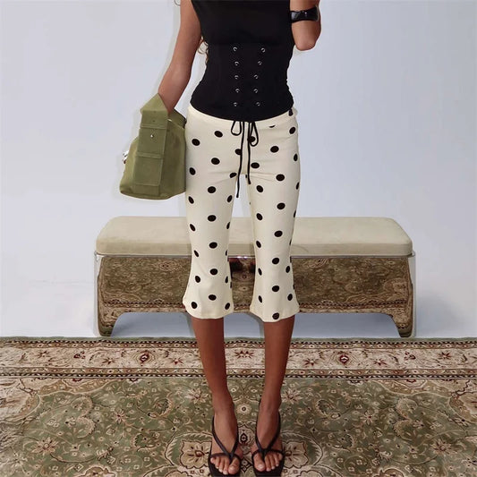 Women Vintage Polka Dot Capri Pants | High Waist | Slim Fit | Cropped Pants | Trousers | Y2K