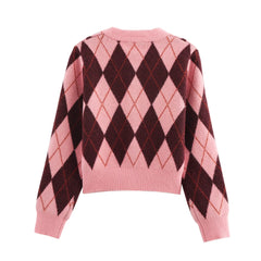 Women Argyle Cardigan | Casual | Knitted | Elegant Sweater | Long Sleeve | Knitwear