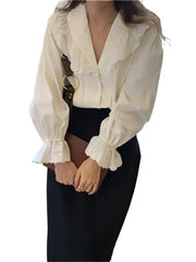Women Vintage V Neck Blouse | White Summer Cotton Oversize Loose Shirt