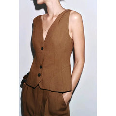 Women Brown Casual Pleated Pants | V Neck Vest Top | Set