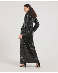 Women Black Shiny Leather Trench Coat | Luxury Designer | Floor Length | Glossy Leather Coat | Reflective | Soft Patent