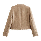 Gold Camel O-neck Tweed Short Coat Women