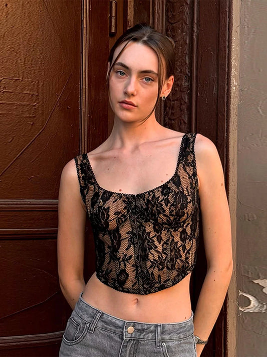 Women Lace Corset Top | Square Neck | Sleeveless | Slim Fit | Mini Vest