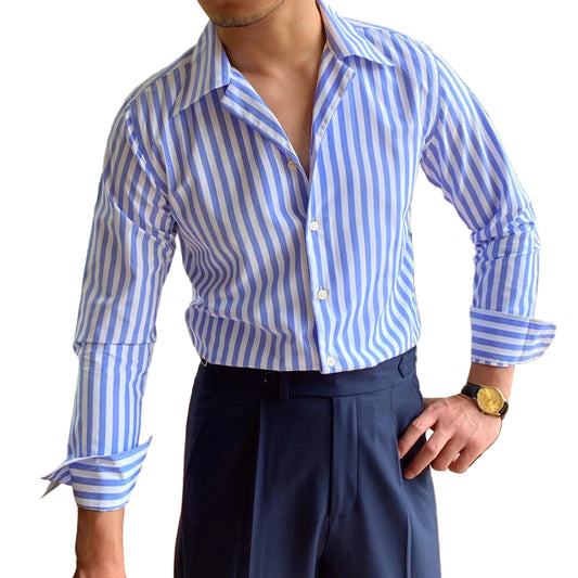 Men Business Striped Shirt | Cuban Collar | Long Sleeve Shirt | Office Shirt | Tuxedo Shirt
