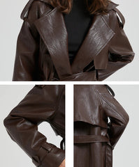 Women Extra Long Leather Trench Coat | Luxury Chic Overcoat | Autumn