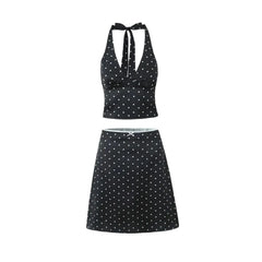 Women Polka Dot Print Top | Two-piece Set | Halter Neck Vest Top | Low Waist Skirt
