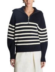 Women Classic Quarter Zip Pullover | Striped Turtleneck Sweater