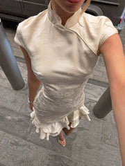 Women Ruffled Elegant Party Dress | Short Sleeve | Patchwork | Slim Fit | Summer | Mini Dress