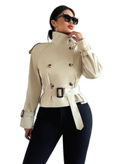 Women Short Trench Coat | Double Breasted With Belt | Windbreaker