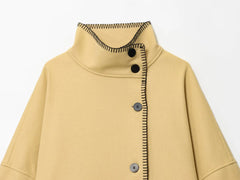Women Short Jacket | Wide Shoulder | Vintage High Neck | Long Sleeve | Cape Coat
