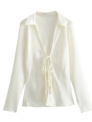 Women Satin Loose Tie Bow Blouse | Long Sleeve Silk Casual Shirt