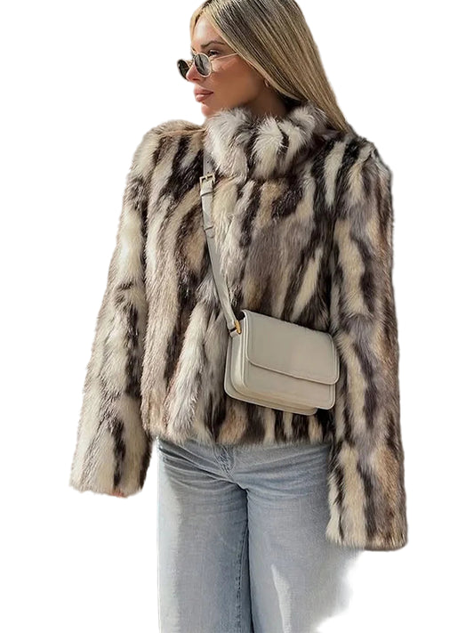 Women Vintage Loose Fur Coat | Stand Collar | Long Sleeve | Winter Furry Warm Coat