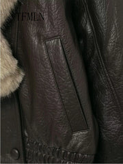 Women Winter Loose Leather Fur Jacket | Big Fur Collar | Casual Coat | Double Breasted