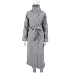Women Long Cotton Coat | Stand Collar | Single Breasted Coat With Belt