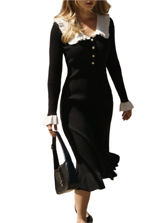 Women Knitted Ruffled Long Dress | V-Neck Summer Vintage Dress