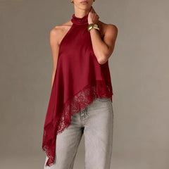 Women Asymmetrical  Lace Satin Top | Silk Vest | Draped Choker | Halter Neck | Cami