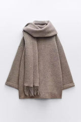 Women Winter Loose Knitted Coat with Scarf | Straight Cut | Long Sleeves | Warm Cardigan