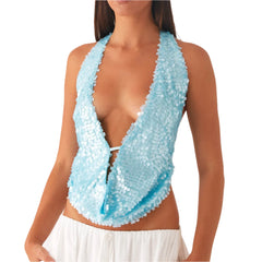 Women Sequin Halter Top | Sleeveless Deep V Neck | Backless Glitter Tank Top