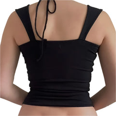 Women Vintage Black Square-Neck Halter Tank Top | Summer Crop Top | Sleeveless Bodycon Vest