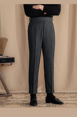 Men Vintage Wool Herringbone Pattern Pants | Casual | British | Warm | High Waist | Straight Pants