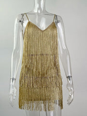 Women Deep V-Neck Dress | Spaghetti Strap | Fringe Bodycon Mini Dress | Tassels | Backless