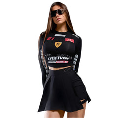 Women Cropped Motorcycle Style Top | Round Neck | Fitted Sports Top