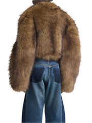 Women Cropped Patchwork Feathers Coat |  V-Neck Long Sleeve Open Stitch Short Fur Coat