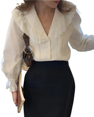 Women Vintage V Neck Blouse | White Summer Cotton Oversize Loose Shirt