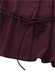 Women Burgundy Blouse | Lapel Bowknot Decorated Drape | Long Sleeve Slim Waist Shirt