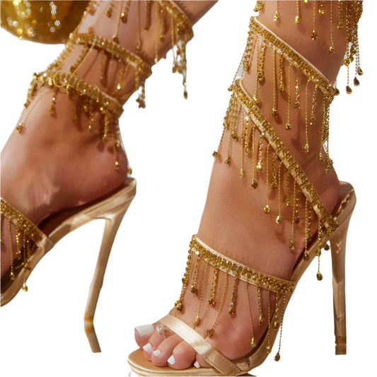 Elegant Women Wedding Shoes | Tassel Stiletto Sandals | Golden