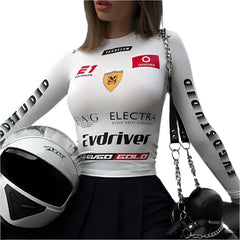 Women Cropped Motorcycle Style Top | Round Neck | Fitted Sports Top