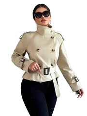 Women Short Trench Coat | Double Breasted With Belt | Windbreaker