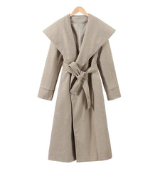 Women Shawl Collar Woolen Coat With Belt | Loose Long Sleeve | Overcoat | Winter Coat