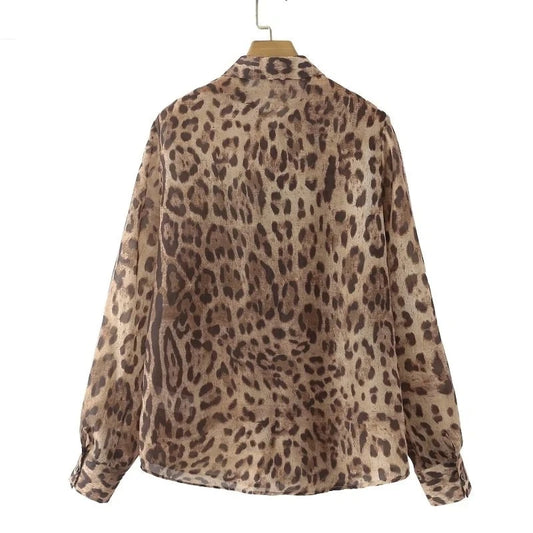 Women Leopard Print Chiffon Blouse | Cheetah Print Blouse | Button Up Office Long Sleeve Shirt